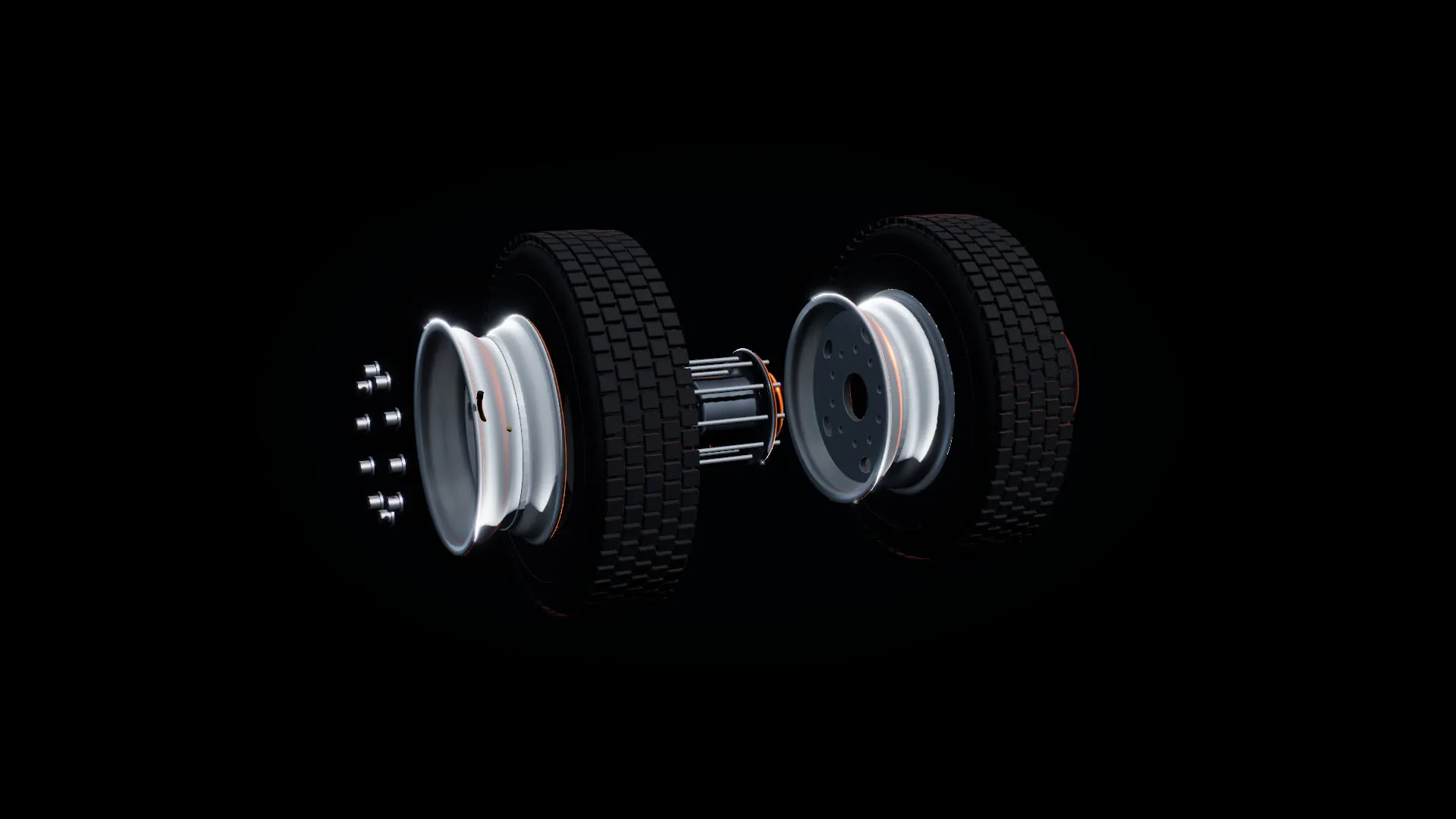 Exploded view of a commercial truck wheel assembly: lug nuts, steel wheel, tire, hub, inner dual and brake drum separated along the axle