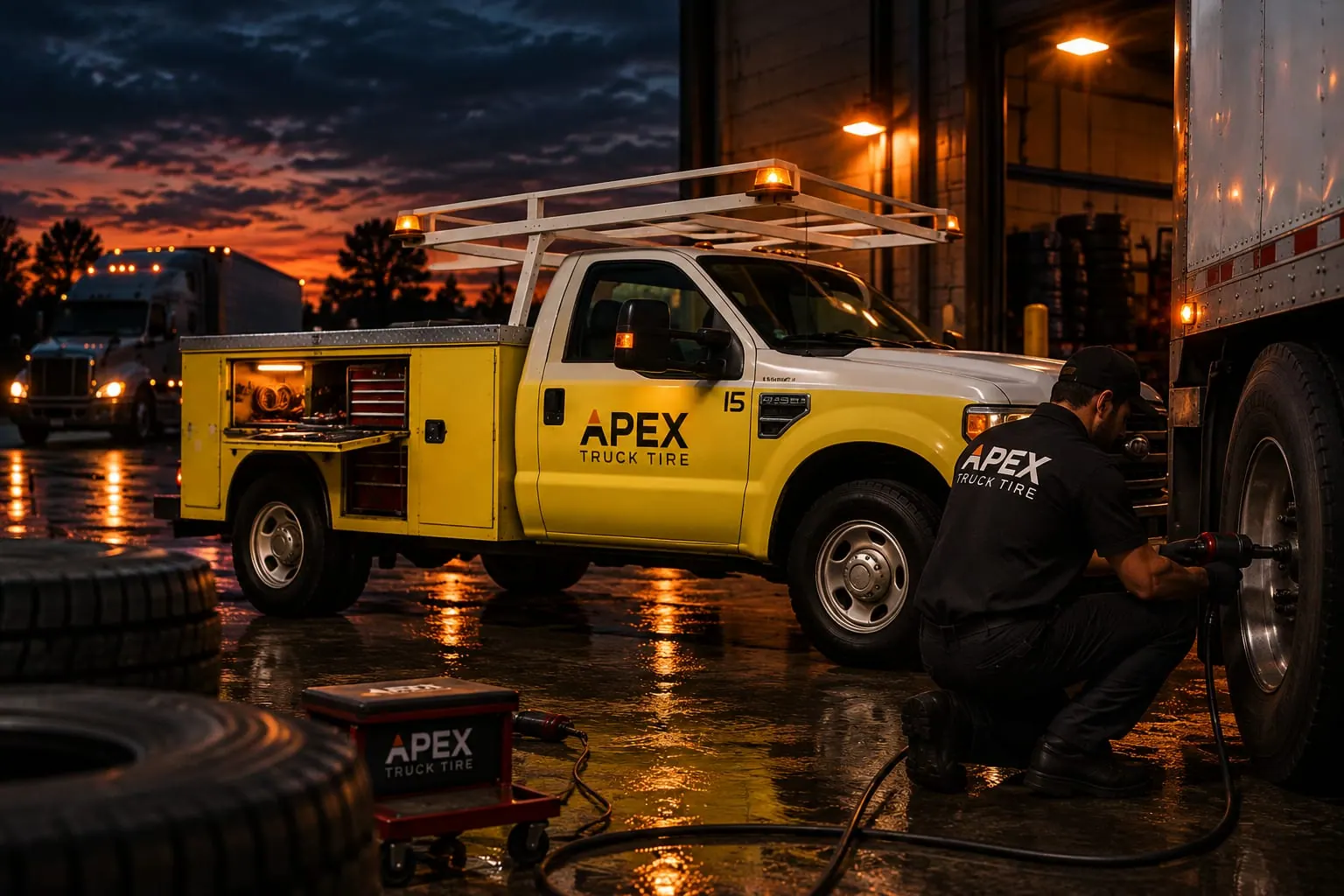 Apex technician running the lug nuts on a stopped trailer's dual wheel at dusk, service truck lit up behind