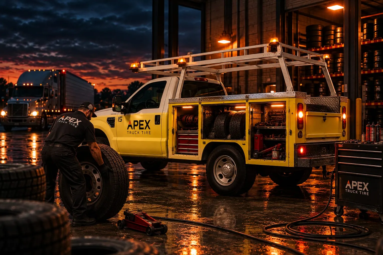 Apex technician rolling a new commercial truck tire from the stock stacks at the yard, service truck compartments loaded with tires