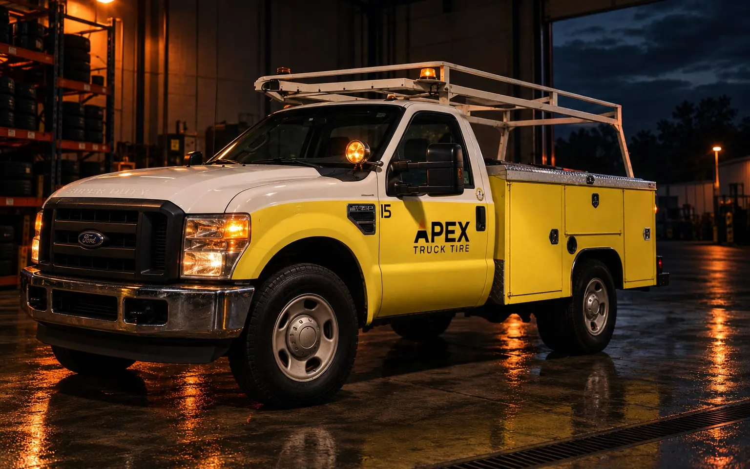Apex mobile service truck, unit 15, at the shop bay door at dusk with headlights and beacon on