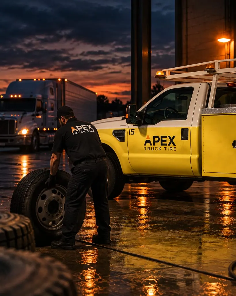 Apex technician rolling a tire beside the service truck in the yard at dusk, a tractor-trailer parked behind